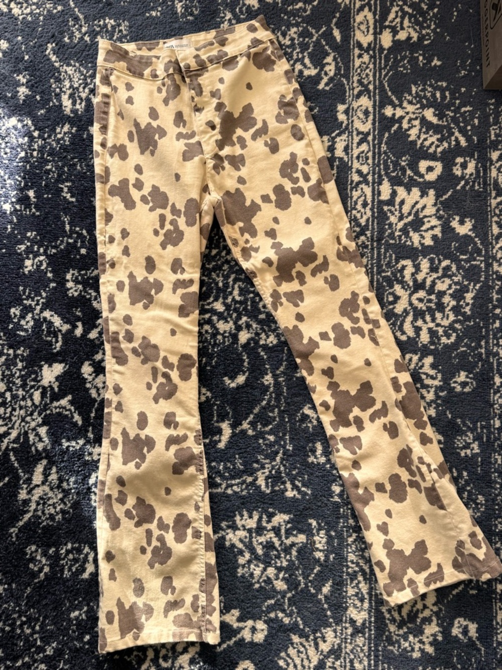 ZARA Animal Print Beige Brown Cotton Twill Straight Pants Flat Front Pockets - Picture 3 of 6